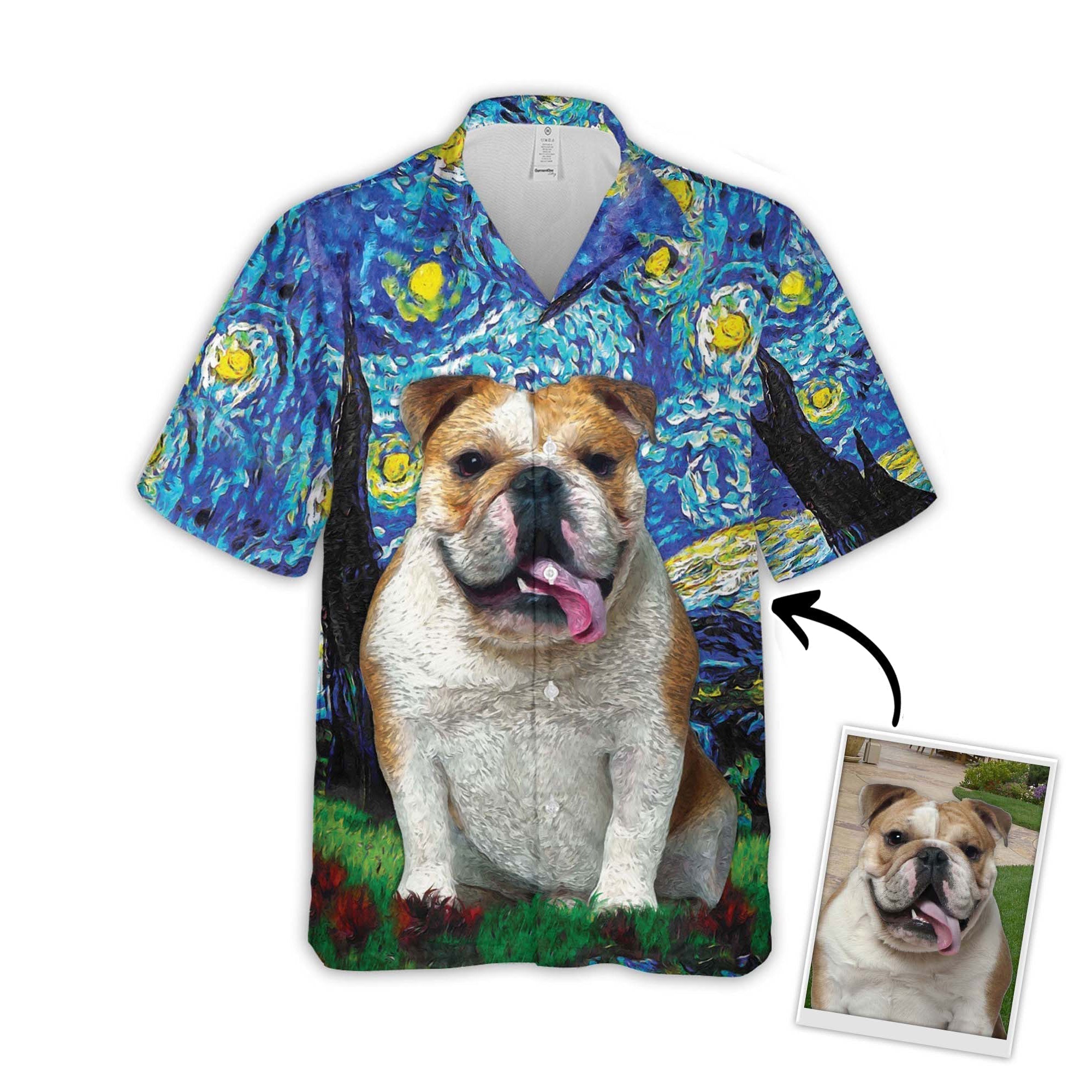 Custom Hawaiian Shirt With Pet Face | Personalized Gift For Pet Lovers | Starry Night Pattern Blue Color Aloha Shirt- Hawaiian Print