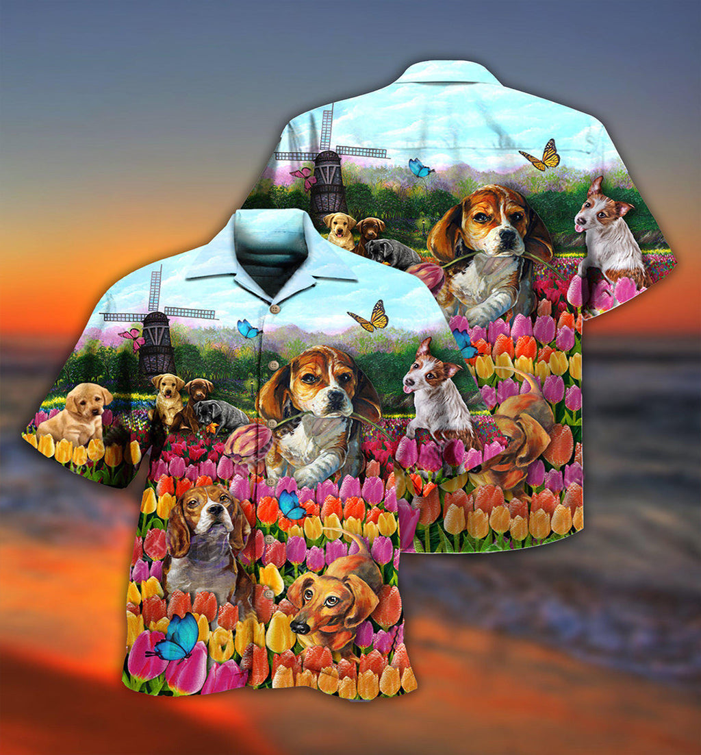 Dogs Lovely Romantic Tulip Garden - Hawaiian Shirt