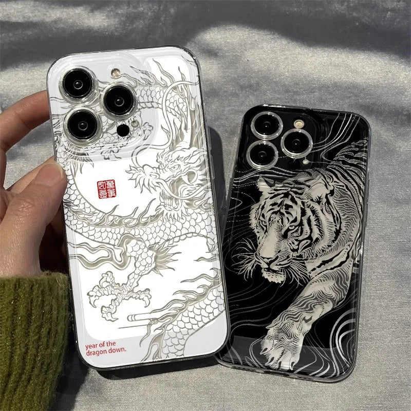 Fashionable Hollow Tiger Dragon iPhone Case For iPhone 17 16 15 14 13 12 11Pro Max XR XS MAX 7 8 PLUS MINI INS Transparent Cover