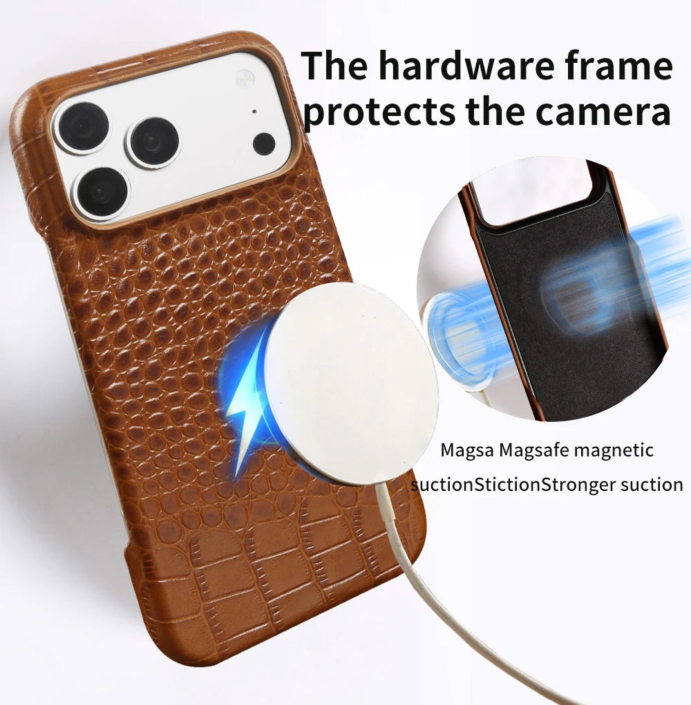 Genuine Leather Magnetic Wireless Case Crocodile Pattern For iPhone 17 Pro max Air 16 15 14 13 12 11 charging Protective Cover